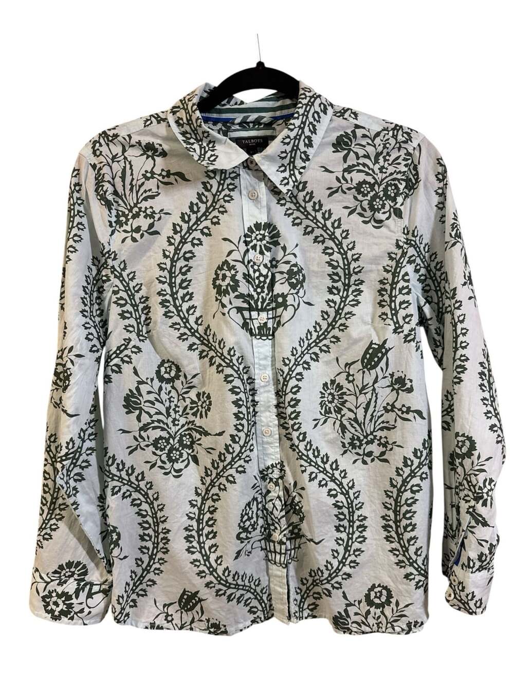 Talbots Olive Green Floral Toile Button Down Blouse Large Petite